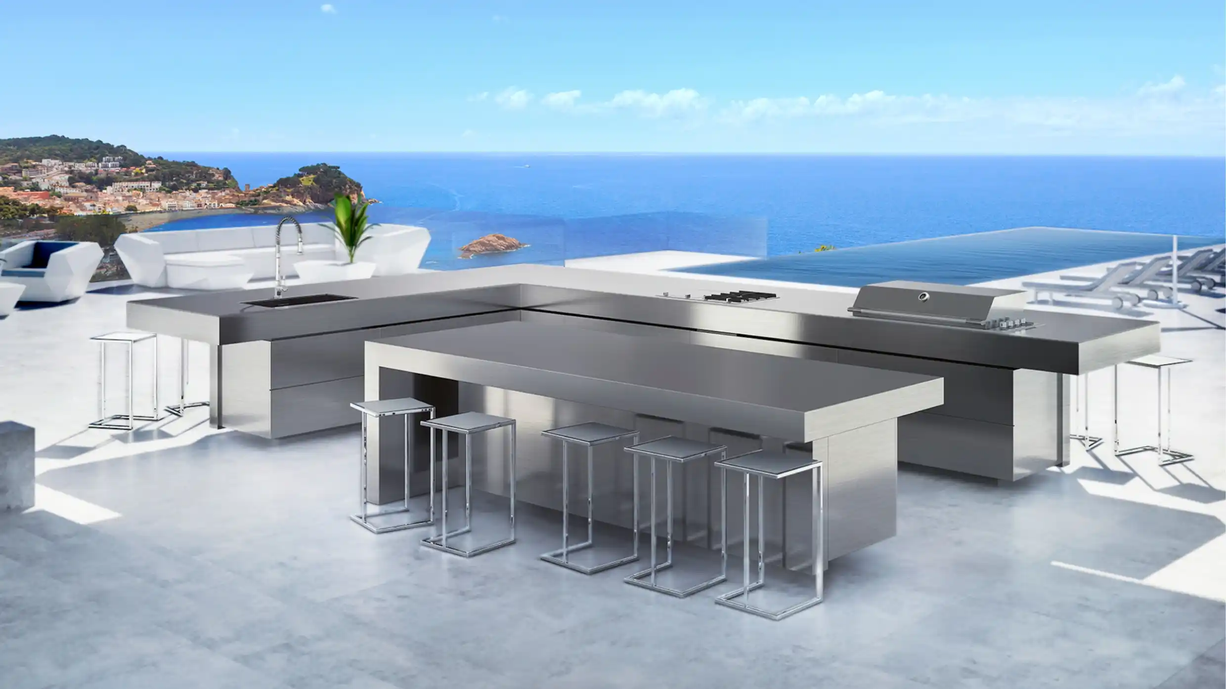 cocina exterior en forma de l